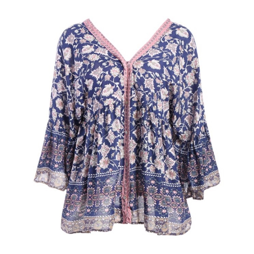 Floral Print Bell Sleeve Boho Beach Festival Top
